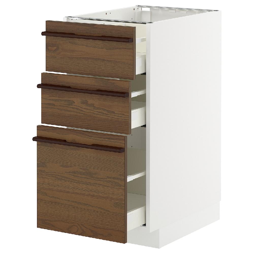 IKEA METOD / MAXIMERA Armario bajo con 3 cajones blanco/Stensta chapa de fresno marrón oscuro 40x60 cm