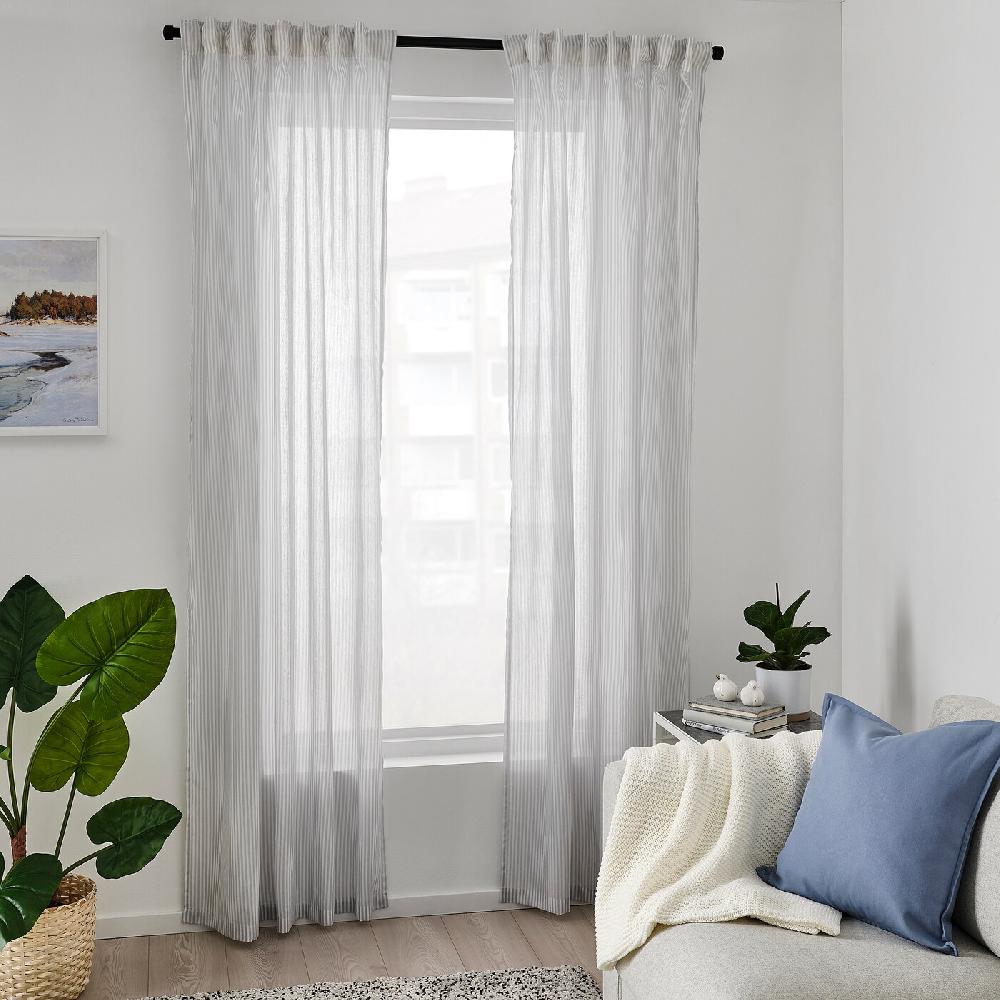 IKEA BYMOTT Cortinas pack de 2 unidades con cinta de fruncir/blanco/gris claro rayas 120x300 cm Oferta especial de fábrica