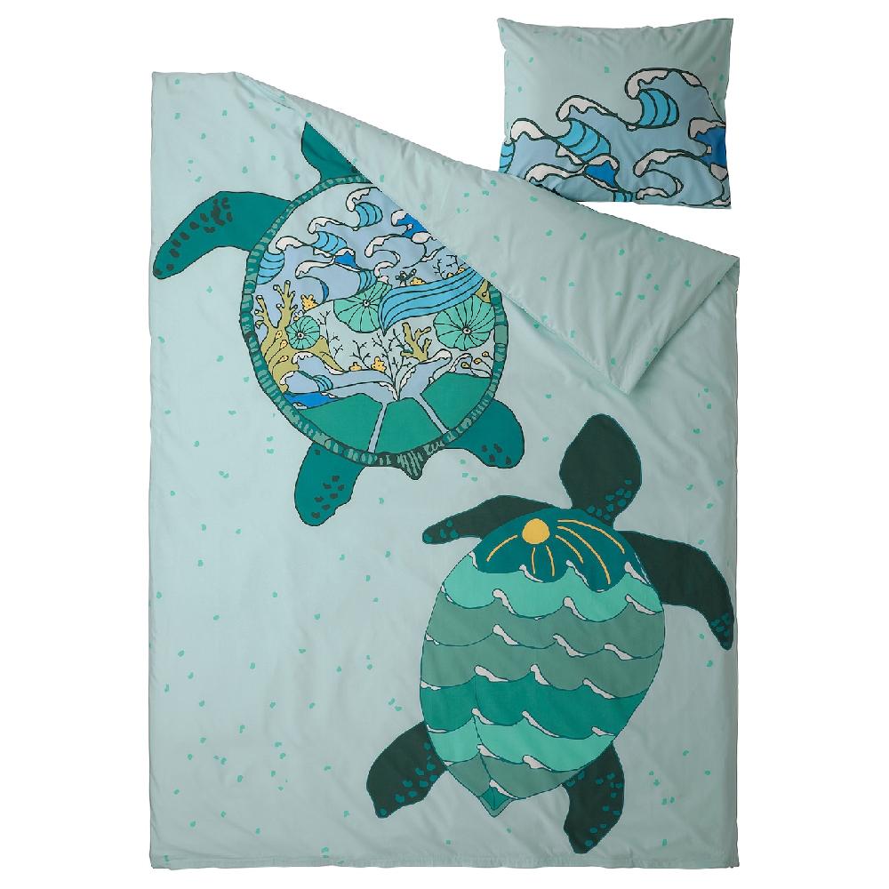 IKEA BLÅVINGAD Funda nórdica con funda de almohada motivo tortuga/turquesa 150x200/50x60 cm Grandes ahorros