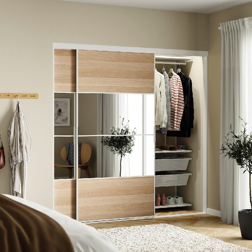 IKEA SKYTTA / BOAXEL Armario con puerta corredera blanco Mehamn/Auli/efecto roble tinte blanco espejo 202x65x205 cm Tienda de fábrica