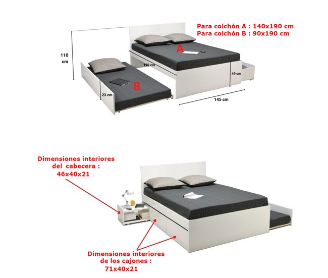 Conforama Cama nido ALPHA 140x190cm 2 cajones 1 mesita y cama blanco Envío gratis