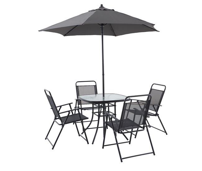 Conforama Set de jardín con mesa 4 sillas y parasol ROMA color gris Rebajas de fin de temporada