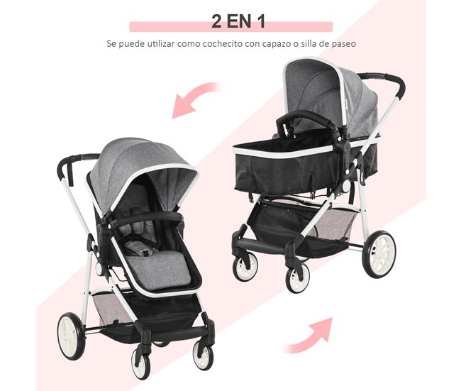 Conforama HOMCOM Silla de Paseo 2 en 1 Cochecito de Bebé y Capazo para Niños de 0-36 Meses con Capota Plegable Respaldo Reclinable Cesta Grande Palanca de Freno Carga 15kg 80x51x102 cm Gris COMPRAR AHORA