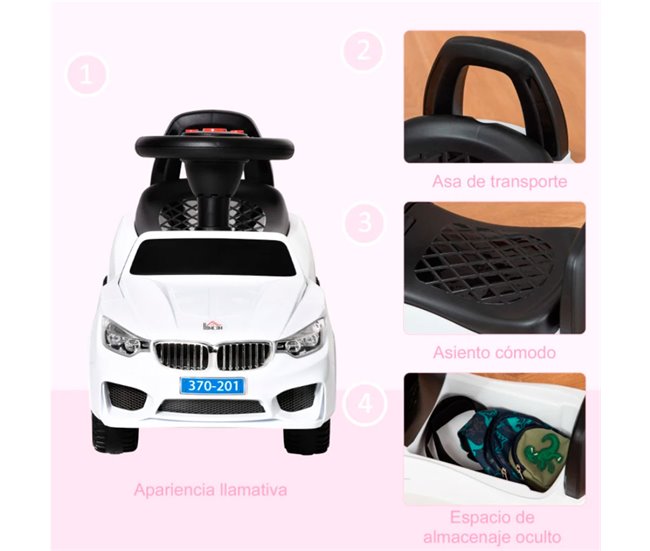 Conforama HOMCOM Coche Correpasillos para Niños de 18-36 Meses con Faros Música Bocina Volante Espacio de Almacenaje y Asa para Empujar 63 5x28x36 cm Blanco Solo hoy