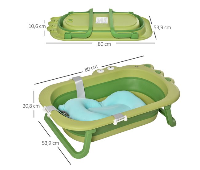 Conforama HOMCOM Bañera Plegable para Bebé Recién Nacido hasta 3 Años 50 Litros con Cojín Cómodo y Patas Plegables Carga 50 kg 80x53 9x20 8 cm Verde Solo queda un día