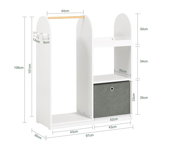Conforama Armario Infantil con 3 Ganchos 1 Cesta y 1 Percha Mueble Organizador Juguetes y Ropa 97 x 35 x 108 cm KMB40-W SoBuy Ahorra y exporta