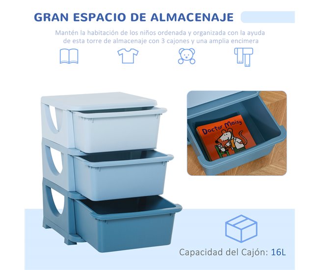 Conforama HOMCOM Torre de Almacenamiento Infantil con 3 Cajones Organizador de Juguetes para Niños +3 Años Gran Almacenaje con Asas para Juguetes Ropa Libros 37x37x56 5 cm Azul Precios de Black Friday