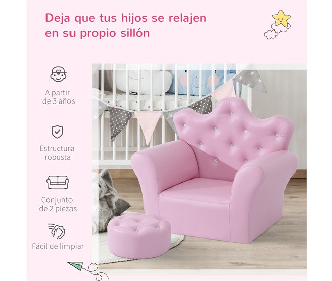 Conforama HOMCOM Sofá para Niños con Reposapiés Sillón Infantil Decorativo con Respaldo Alto en Forma de Corona y Reposabrazos Acolchado 58x40 5x49 cm Rosa Última moda