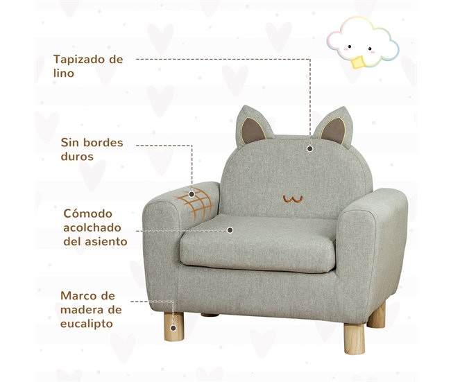 Conforama HOMCOM Sillón Infantil Mini Sofá para Niños de +3 Años con Asiento Acolchado Reposabrazos Bolsillo de Almacenamiento y Estructura de Madera Carga 45 kg 61x42x53 cm Gris Ofertas de temporada