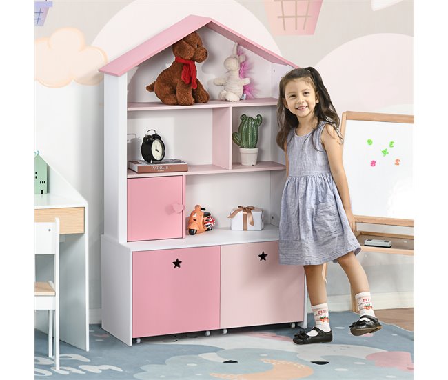 Conforama HOMCOM Estantería de Madera Infantil Librería para Niños con 4 Compartimentos 1 Puerta y 2 Cajones Extraíbles con Ruedas para Libros Juguetes 80x34x130 cm Rosa y Blanco Ofertas especiales
