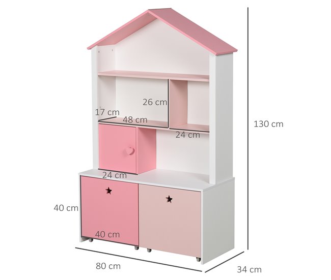 Conforama HOMCOM Estantería de Madera Infantil Librería para Niños con 4 Compartimentos 1 Puerta y 2 Cajones Extraíbles con Ruedas para Libros Juguetes 80x34x130 cm Rosa y Blanco Ofertas especiales