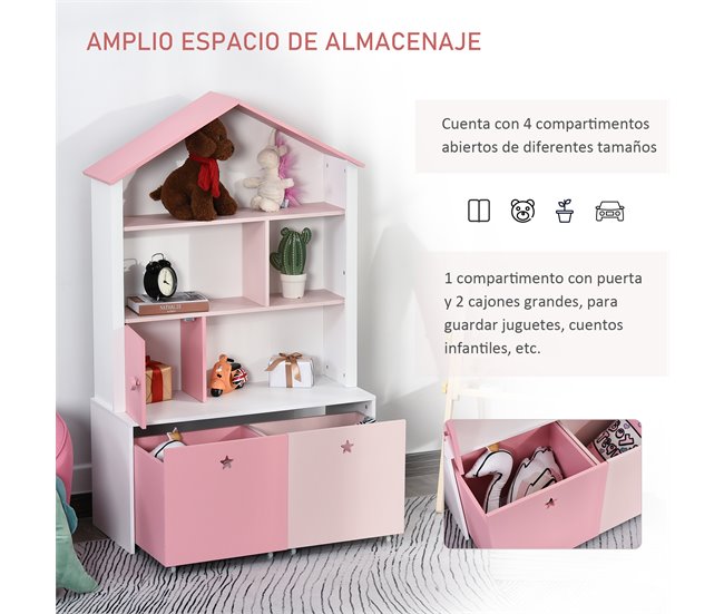 Conforama HOMCOM Estantería de Madera Infantil Librería para Niños con 4 Compartimentos 1 Puerta y 2 Cajones Extraíbles con Ruedas para Libros Juguetes 80x34x130 cm Rosa y Blanco Ofertas especiales
