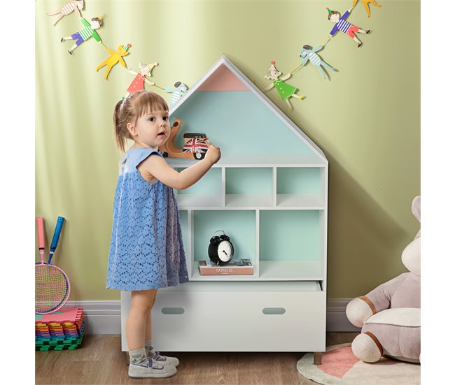 Conforama HOMCOM Estantería de Madera Infantil Forma de Casa Librería para Niños con 8 Compartimentos Abiertos y Cajón de 2 Colores 82x30x126 cm Blanco Grandes ahorros