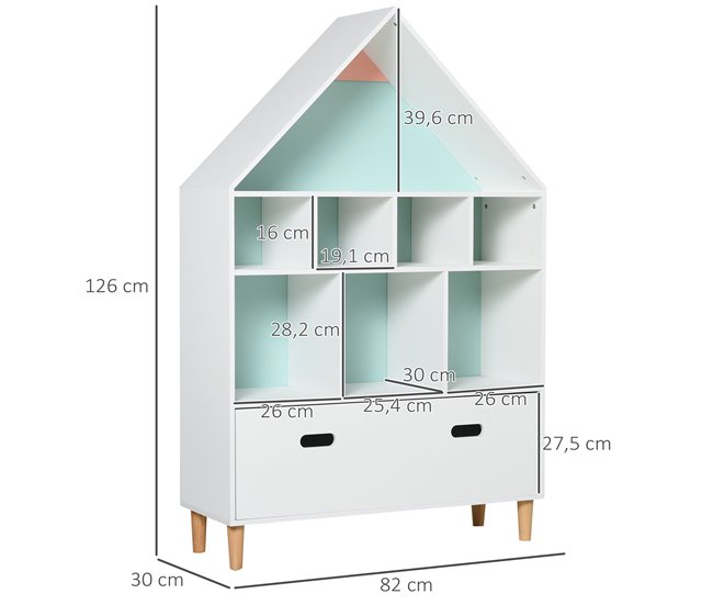 Conforama HOMCOM Estantería de Madera Infantil Forma de Casa Librería para Niños con 8 Compartimentos Abiertos y Cajón de 2 Colores 82x30x126 cm Blanco Grandes ahorros