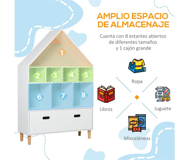 Conforama HOMCOM Estantería de Madera Infantil Forma de Casa Librería para Niños con 8 Compartimentos Abiertos y Cajón de 2 Colores 82x30x126 cm Blanco Grandes ahorros
