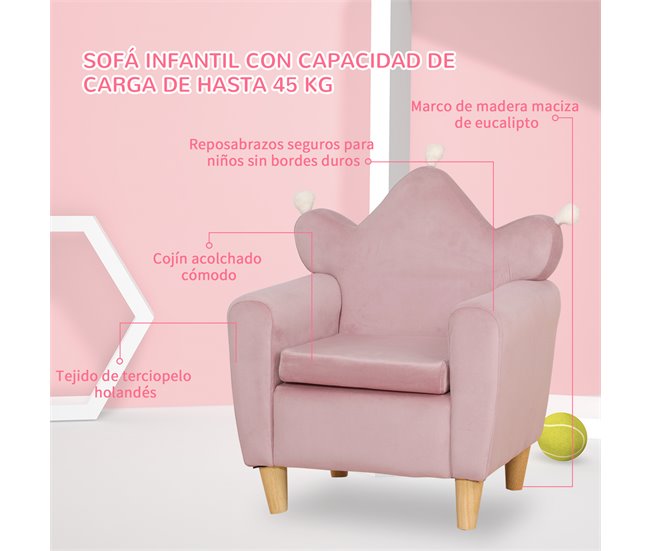 Conforama HOMCOM Sillón Infantil Mini Sofá para Niños de +3 Años con Asiento Acolchado Reposabrazos y Estructura de Madera Carga Máx. de 45 kg 50x42x58 cm Rosa Rebajas de fin de temporada