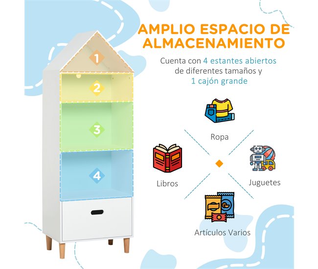 Conforama HOMCOM Estantería Infantil Librería de Madera para Niños para Libros Juguetes DVDs con 4 Estantes 1 Cajón Tablero de 2 Colores Diseño Compacto 50x30x142 cm Blanco Precio ultrabajo