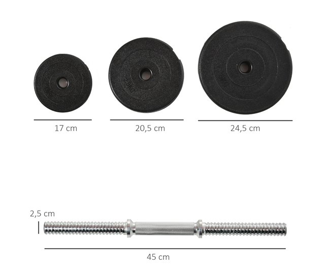 Conforama HOMCOM Juego de Mancuernas Pesas de Fitness 4x5 kg 4x2 5 kg 4x1 5 kg Total 40 kg Ajustable Profesionales Gimnasio Doméstico y Musculación con 2 Barras Ø25x450 mm Acero y Discos Descuento