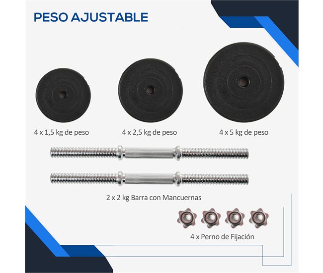 Conforama HOMCOM Juego de Mancuernas Pesas de Fitness 4x5 kg 4x2 5 kg 4x1 5 kg Total 40 kg Ajustable Profesionales Gimnasio Doméstico y Musculación con 2 Barras Ø25x450 mm Acero y Discos Descuento