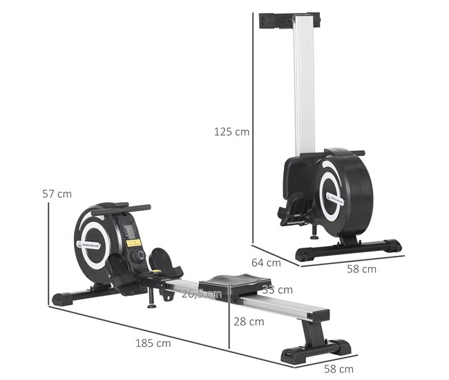 Conforama HOMCOM Máquina de Remo Plegable Remo para Casa con 8 Niveles de Resistencia Magnética Volante de 4kg Monitor LCD Silencioso Carga 120kg para Fitness Entrenamiento Hogar 185x58x57 cm Negro y Plata Tienda