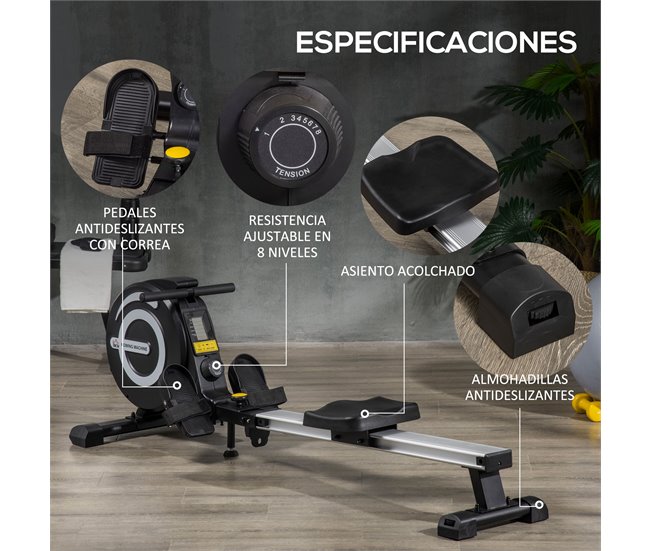 Conforama HOMCOM Máquina de Remo Plegable Remo para Casa con 8 Niveles de Resistencia Magnética Volante de 4kg Monitor LCD Silencioso Carga 120kg para Fitness Entrenamiento Hogar 185x58x57 cm Negro y Plata Tienda