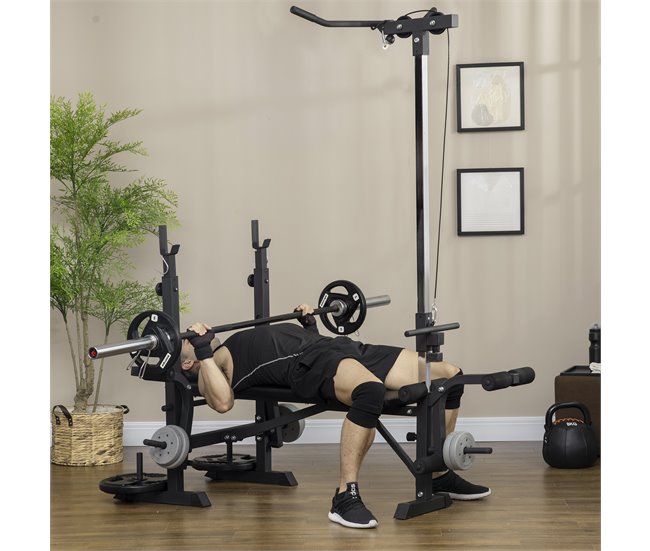 Conforama HOMCOM Banco de Pesas Multifuncional Banco de Musculación Ajustable en 6 Posiciones para Entrenamiento de Cuerpo Completo en Gimnasio Casa Carga 150 kg 180x134x200 cm Plata y Negro Liquidación