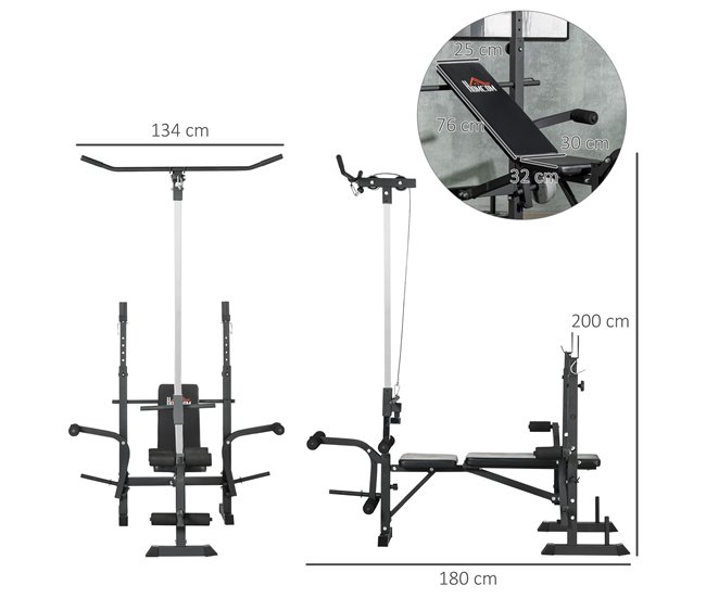 Conforama HOMCOM Banco de Pesas Multifuncional Banco de Musculación Ajustable en 6 Posiciones para Entrenamiento de Cuerpo Completo en Gimnasio Casa Carga 150 kg 180x134x200 cm Plata y Negro Liquidación