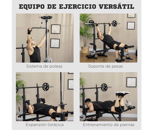 Conforama HOMCOM Banco de Pesas Multifuncional Banco de Musculación Ajustable en 6 Posiciones para Entrenamiento de Cuerpo Completo en Gimnasio Casa Carga 150 kg 180x134x200 cm Plata y Negro Liquidación