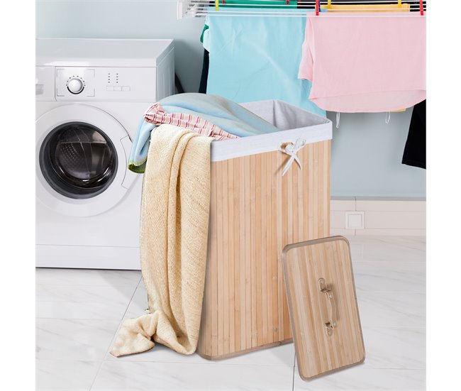 Conforama HOMCOM Cesto para Ropa Sucia Plegable con Tapa Cubo para Colada Cesta de Lavandería Rectangular Bambú 70L con Asas 40x30x60cm Solo hoy