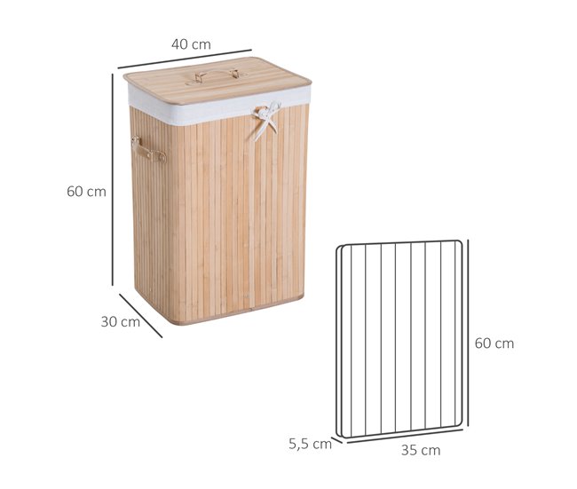Conforama HOMCOM Cesto para Ropa Sucia Plegable con Tapa Cubo para Colada Cesta de Lavandería Rectangular Bambú 70L con Asas 40x30x60cm Solo hoy