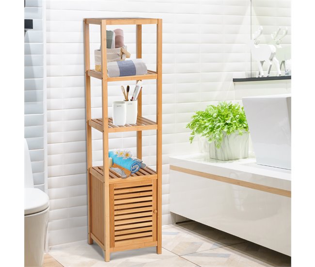 Conforama HOMCOM Estantería de Bambú para Baño Armario Alto Librería Organizador 4 Niveles 1 Puerta 36x33x140cm Promoción trimestral