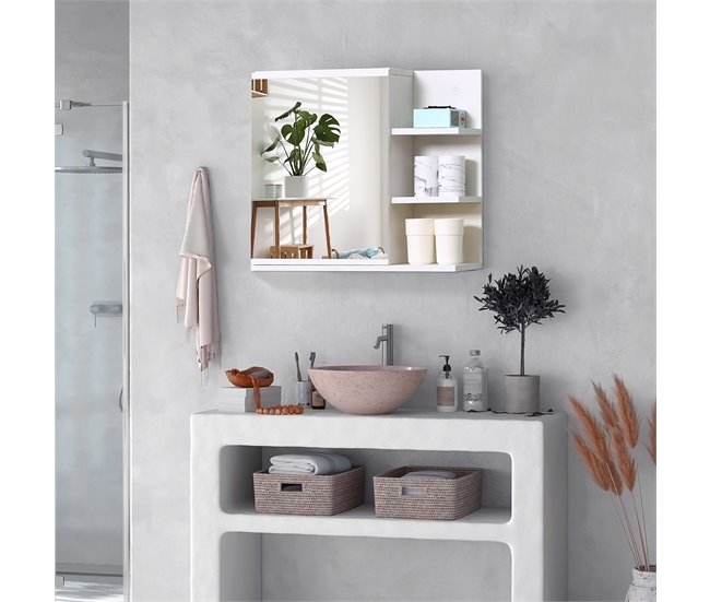 Conforama kleankin Armario de Baño con Espejo Montado en la Pared con 3 Estantes Abiertos y 1 Puerta con Balda Interior Estilo Moderno 60x18x50 cm Blanco Solo queda un día