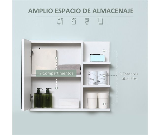 Conforama kleankin Armario de Baño con Espejo Montado en la Pared con 3 Estantes Abiertos y 1 Puerta con Balda Interior Estilo Moderno 60x18x50 cm Blanco Solo queda un día