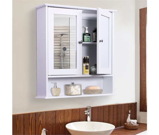 Conforama kleankin Armario de Baño con Espejo de Pared con 2 Puertas Armario de 3 Niveles para Almacenamiento Armario de Pared para Cocina Baño Salón Tablero de MDF Fuerte y Fácil de Limpiar Blanco 56x13x58cm Grandes descuentos