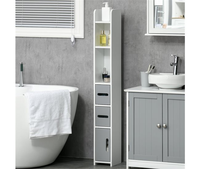Conforama kleankin Armario Alto de Baño con 3 Puertas y 3 Estantes Abiertos Columna Auxiliar de Baño para Salón Aseo Dormitorio Estilo Moderno 15x17x120 cm Gris Ahorra y exporta