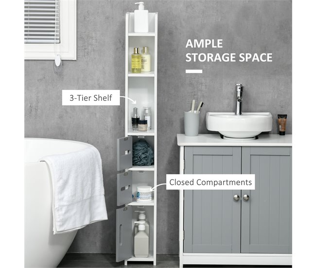 Conforama kleankin Armario Alto de Baño con 3 Puertas y 3 Estantes Abiertos Columna Auxiliar de Baño para Salón Aseo Dormitorio Estilo Moderno 15x17x120 cm Gris Ahorra y exporta