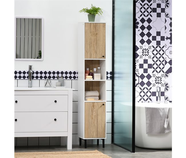 Conforama kleankin Armario Alto de Baño Columna Auxiliar de Baño con 2 Puertas y 6 Estantes para Ducha Aseo Dormitorio Estilo Moderno 30x31 5x169 cm Blanco y Roble Oferta exclusiva