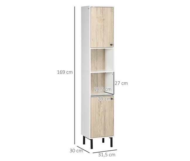 Conforama kleankin Armario Alto de Baño Columna Auxiliar de Baño con 2 Puertas y 6 Estantes para Ducha Aseo Dormitorio Estilo Moderno 30x31 5x169 cm Blanco y Roble Oferta exclusiva