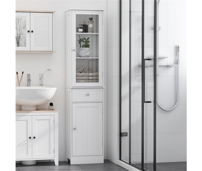 Conforama kleankin Armario Alto para Baño Mueble Auxiliar de Baño de Estilo Moderno con 2 Puertas Estantes Ajustables y 1 Cajón 40x27x171 5 cm Blanco Descuento por venta flash