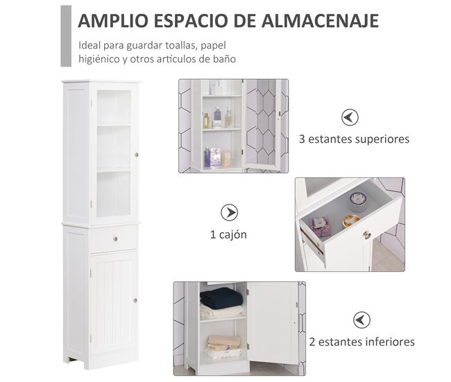 Conforama kleankin Armario Alto para Baño Mueble Auxiliar de Baño de Estilo Moderno con 2 Puertas Estantes Ajustables y 1 Cajón 40x27x171 5 cm Blanco Descuento por venta flash