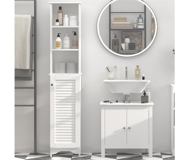 Conforama HOMCOM Armario Alto de Baño con 1 Puerta 3 Estantes Abiertos y Balda Interior Ajustable Mueble Auxiliar de Almacenaje para Salón Aseo Dormitorio 34x20x165 cm Blanco Ofertas de temporada