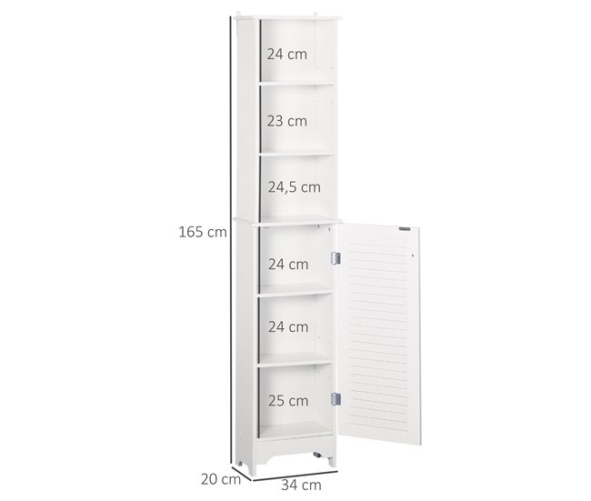 Conforama HOMCOM Armario Alto de Baño con 1 Puerta 3 Estantes Abiertos y Balda Interior Ajustable Mueble Auxiliar de Almacenaje para Salón Aseo Dormitorio 34x20x165 cm Blanco Ofertas de temporada
