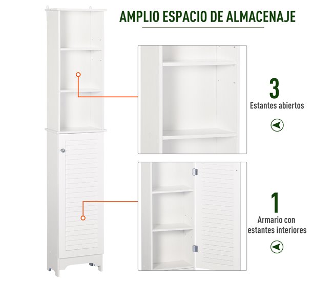 Conforama HOMCOM Armario Alto de Baño con 1 Puerta 3 Estantes Abiertos y Balda Interior Ajustable Mueble Auxiliar de Almacenaje para Salón Aseo Dormitorio 34x20x165 cm Blanco Ofertas de temporada