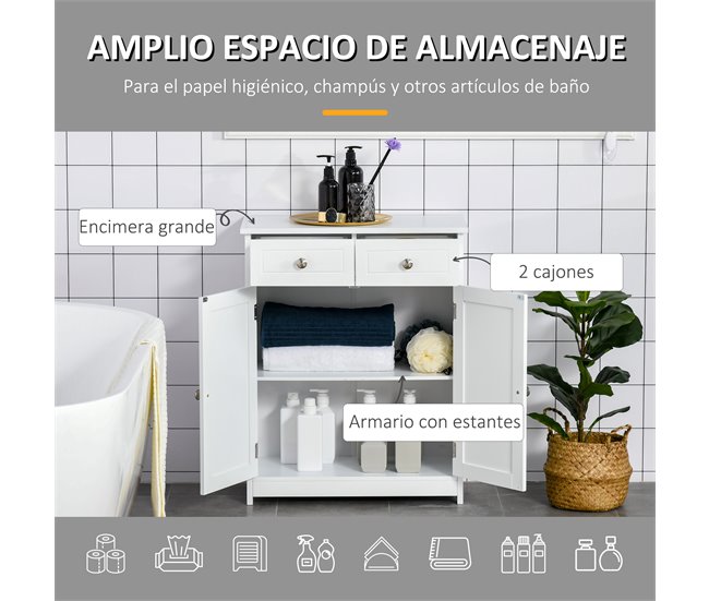 Conforama kleankin Armario Auxiliar de Baño Mueble Auxiliar de Baño con 2 Cajones 2 Puertas y Estante Ajustable Estilo Moderno para Ducha Dormitorio 60x30x75 cm Blanco Ofertas especiales