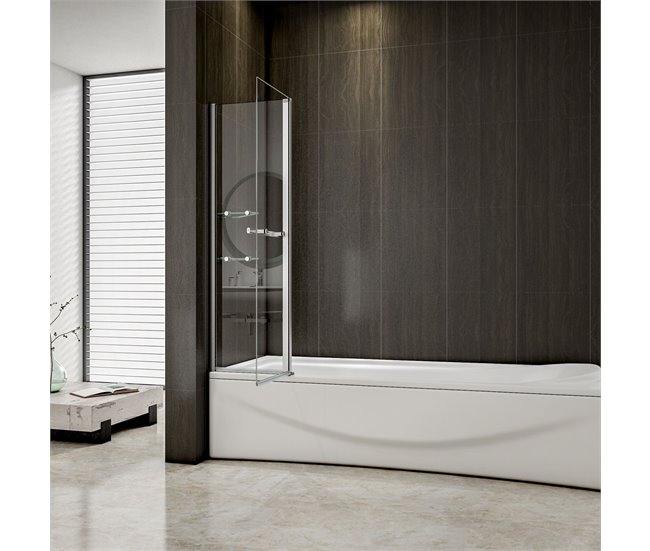 Conforama Mampara de Bañera Abatible Giratoria Vidrio Templado 6 mm Rectangular con 2 Repisas y un Toallero Cromado (99.5-100)X140cm Outlet