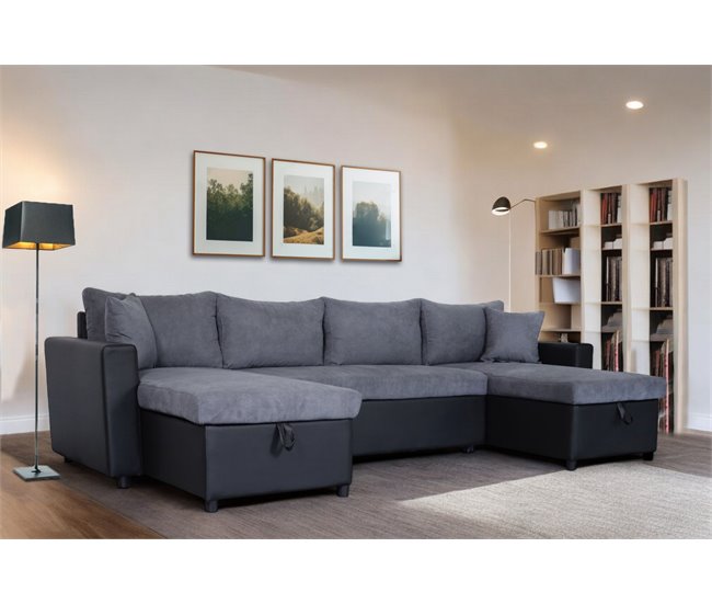 Conforama Rinconera U con cama y dos arcónes GOLF color gris y negro Liquidación
