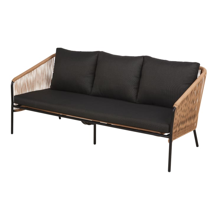 ﻿Maisons du Monde Arun - Sofá de jardín de 3 plazas de resina reciclada beige y metal negro ÚLTIMAS EDICIONES