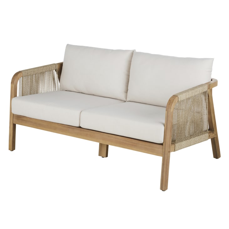 Maisons du Monde Barcares - Banqueta de jardín de madera de acacia maciza con cojines color crudo Solo hoy