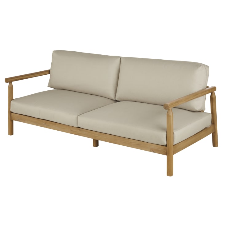 Maisons du Monde Moscari - Sofá de jardín de 3 plazas de madera de acacia maciza con cojines de tela reciclada beige Oferta exclusiva