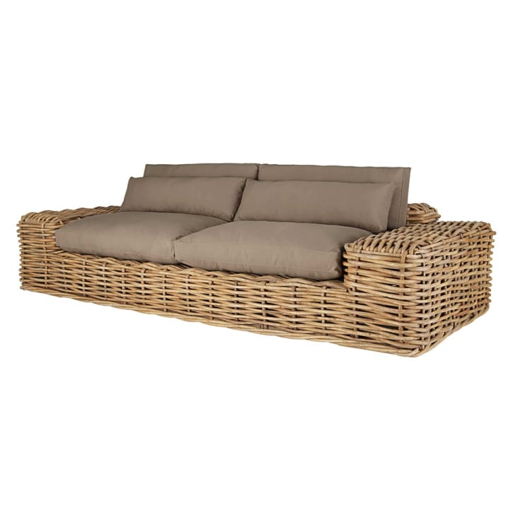 Maisons du Monde St Tropez - Sofá de jardín de 2/3 plazas de mimbre y cojines marrones Ofertas especiales